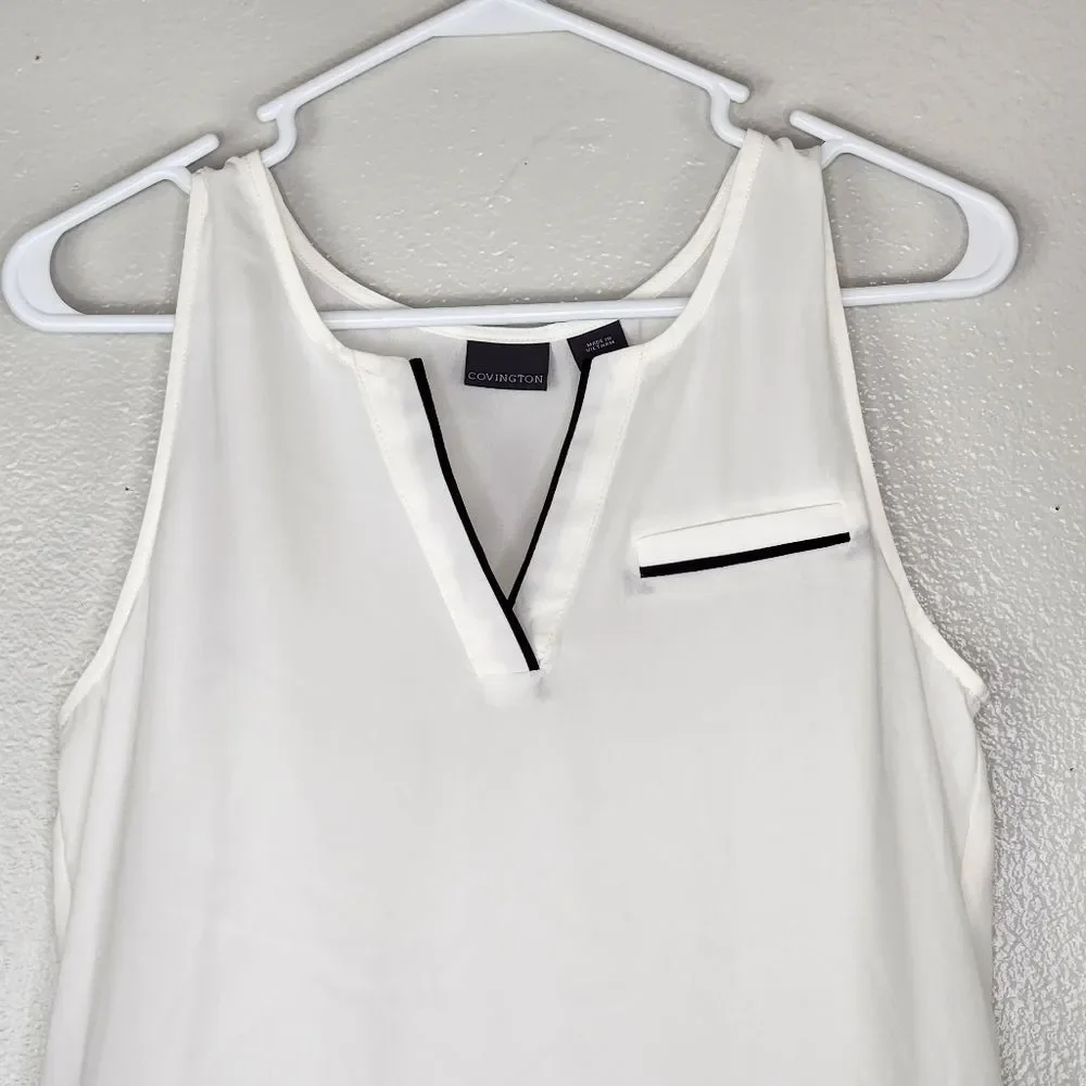 Covington White With Black Trim Chiffon Sleeveless Blouse Size Small